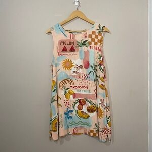 Paper Heart Tropical Fruit Linen Blend Sleeveless Shift Dress Pink XL Pockets